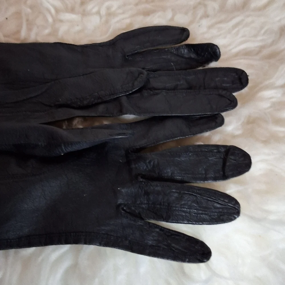 Vintage Midcle Length Fine Quality Black Leather Gloves7